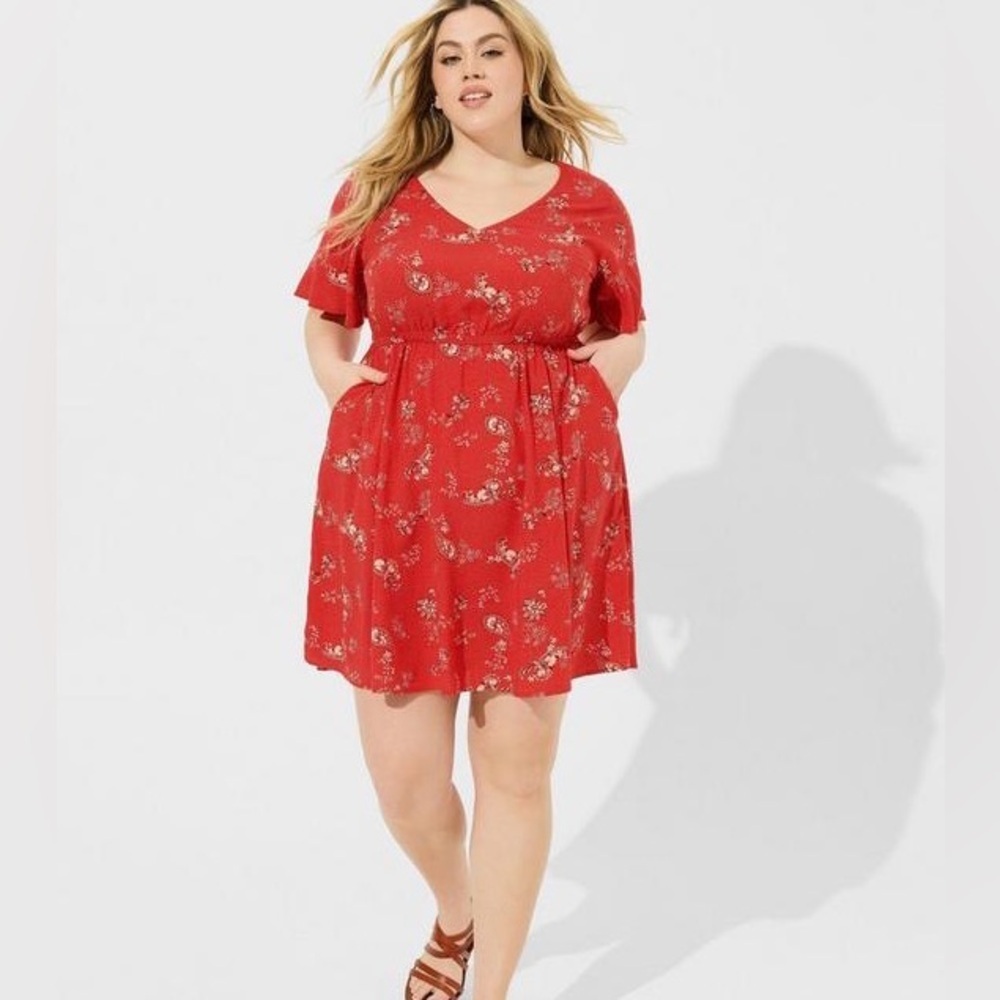 Torrid Red Mini Challis V-Neck Elastic Waist Dress Size 3X NWT